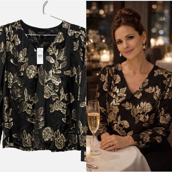 Ann Taylor Tops - Ann Taylor Black Gold Metallic Floral Blouse Top XS NWT Shimmer V-Neck Holiday